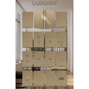 Placas, interruptores y accesorios Arlite línea Luxury color Oro.